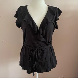 Boden Black Short Sleeve Wrap Shirt Women's Size 14 Ruffle V-Neck